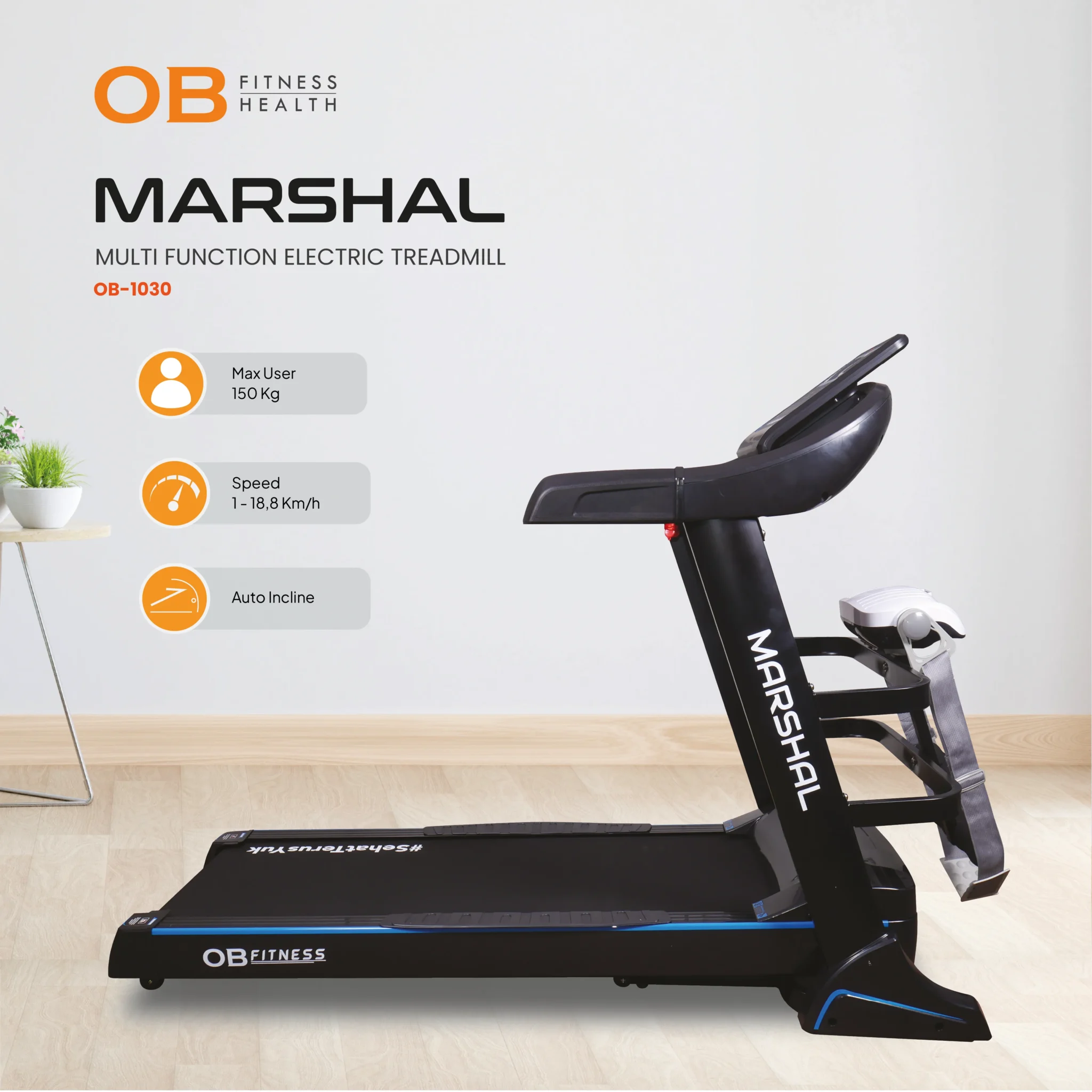 OB-1030 Marshal Treadmill Elektrik DC 5 HP Max User 120 kg w/ Massager